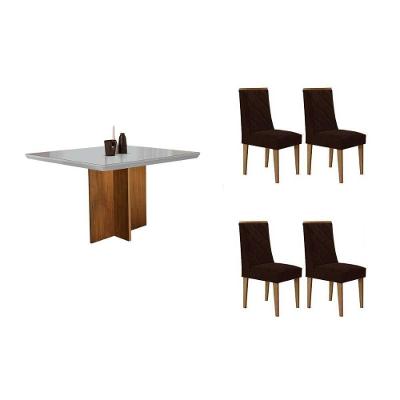 Sala de Jantar Berlim Curvo 4 Lugares Tampo MDF Cadeiras Suede Marrom 90CM Móveis Rufato