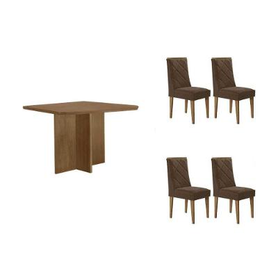 Sala de Jantar Berlim Curvo 4 Lugares Tampo MDF com Cadeiras Estofadas Linho Capuccino 90CM Móveis