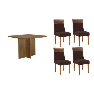Sala de Jantar Berlim Curvo 4 Lugares Tampo MDF Cadeiras Suede Marrom 90CM Móveis Rufato