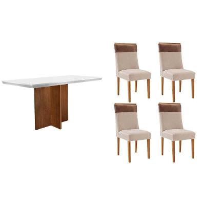 Sala de Jantar Berlim Curvo 4 Lugares Tampo MDF com Bordas Arredondadas Off White 120CM Móveis