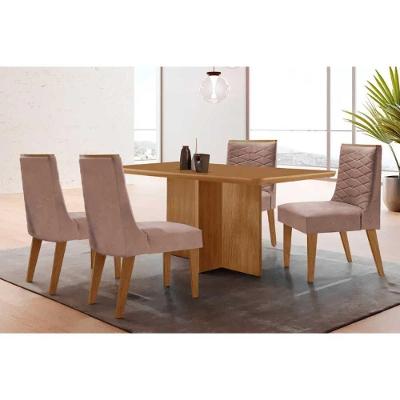 Sala de Jantar Berlim Curvo 4 Lugares Tampo MDF com Cadeiras Estofadas Linho Capuccino 120CM Móveis