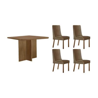 Sala de Jantar Berlim Curvo 4 Lugares Tampo MDF com Cadeiras Estofadas Suede Capuccino 90CM Móveis
