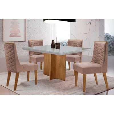 Sala de Jantar Berlim Curvo 4 Lugares Tampo MDF com Cadeiras Estofadas Linho Capuccino 90CM Móveis