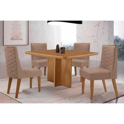 Sala de Jantar Berlim Curvo 4 Lugares Tampo MDF com Cadeiras Estofadas Suede Capuccino 90CM Móveis