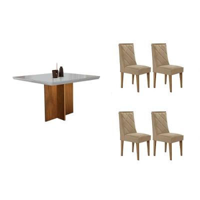 Sala de Jantar Berlim Curvo 4 Lugares Tampo MDF com Cadeiras Estofadas Off White 90CM Móveis Rufato