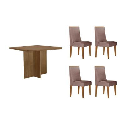 Sala de Jantar Berlim Curvo 4 Lugares Tampo MDF com Cadeiras Estofadas Linho Capuccino 90CM Móveis
