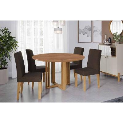 Sala de Jantar Flora 4 Lugares Tampo MDF Fosco Madeirado 109CM Cadeiras Suede Cinamomo Cimol Móveis