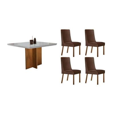 Sala de Jantar Berlim Curvo 4 Lugares Tampo MDF com Cadeiras Estofadas Suede Marrom 90CM Móveis