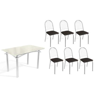 Sala de Jantar Elba 6 Lugares Tampo em Vidro Base Cromada Amadeirado 120CM Kappesberg