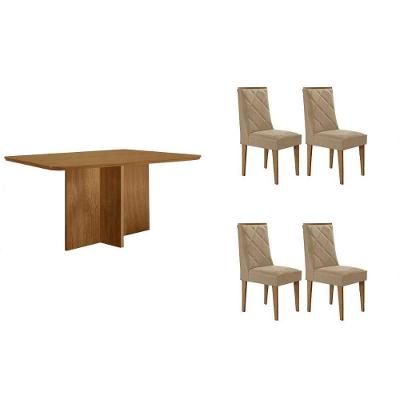 Sala de Jantar Berlim Curvo 4 Lugares Tampo MDF com Cadeiras Estofadas Suede Creme 120CM Móveis