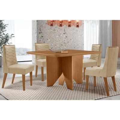 Sala de Jantar Mesa Nevada Curvo 4 Lugares Tampo MDF com Cadeiras Estofadas Capuccino 90CM Móveis