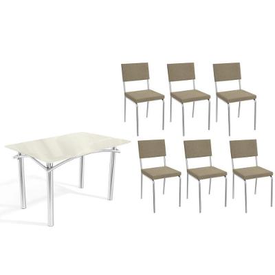 Sala de Jantar Elba 6 Lugares Tampo em Vidro com Cadeiras Boucle Bege 120CM Kappesberg