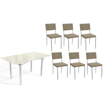 Sala de Jantar Elba 6 Lugares Tampo em Vidro Base Cromada Boucle Bege 160CM Kappesberg