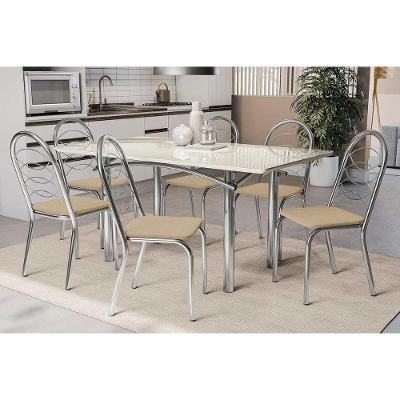 Sala de Jantar Elba 6 Lugares Tampo em Vidro Madeirado Base Cromada 160CM Kappesberg