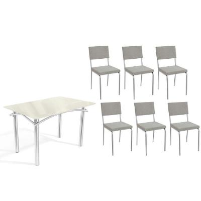 Sala de Jantar Elba 6 Lugares Tampo em Vidro Base Cromada Off White 120CM Kappesberg