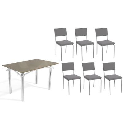 Sala de Jantar Elba 6 Lugares Tampo em Vidro Suede Cinza 120CM Kappesberg