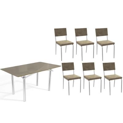 Sala de Jantar Elba 6 Lugares Tampo em Vidro Suede Bege 160CM Kappesberg