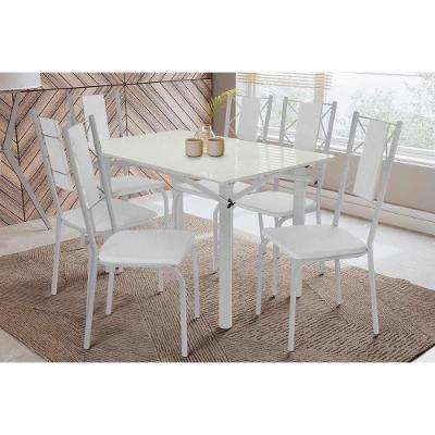 Sala de Jantar Elba 6 Lugares Tampo MDF com Vidro e Cadeiras Lisboa Cromadas Off White 120CM