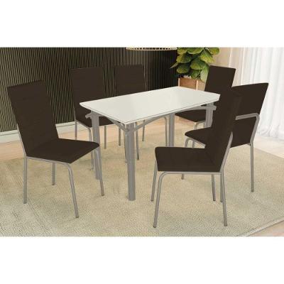 Sala de Jantar Elba 6 Lugares Tampo MDF com Vidro e Cadeiras Amsterdã Courano Marrom 120CM