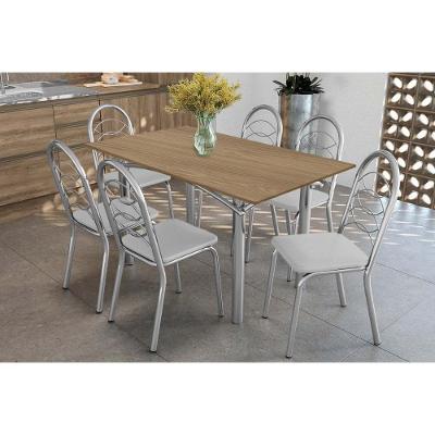 Sala de Jantar Elba 6 Lugares Tampo MDF com Cadeiras Cromadas e Assento Corino Branco 160CM