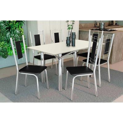 Sala de Jantar Elba 6 Lugares Tampo MDF com Vidro e Cadeiras Florença Cromadas Off White 160CM