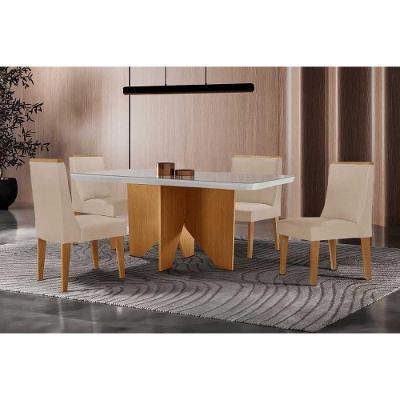 Sala de Jantar Mesa Nevada Curvo 4 Lugares Tampo MDF com Cadeiras Estofadas Off White e Capuccino