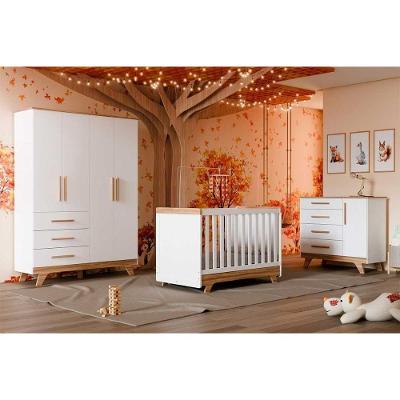 Quarto Completo Infantil Retrô 4 Portas 3 Gavetas 154,8CM Branco e Amendoa