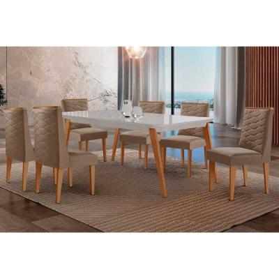 Sala de Jantar Havana Curvo 6 Lugares Tampo MDF Cadeiras Estofadas Suede Capuccino e Off White 180CM