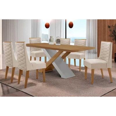 Sala de Jantar Imperatriz Curvo 6 Lugares Tampo MDF Off White e Suede Creme 180CM Móveis Rufato