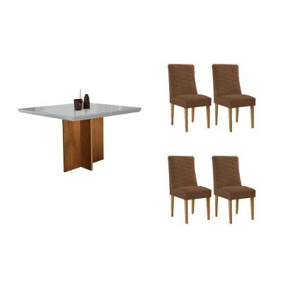 Sala de Jantar Berlim Curvo 4 Lugares Tampo em Vidro com Cadeiras Estofadas Off White 90CM Móveis