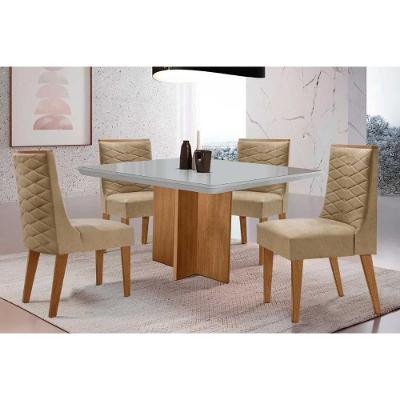 Sala de Jantar Berlim Curvo 4 Lugares Tampo em Vidro Linho Bege 90CM Móveis Rufato
