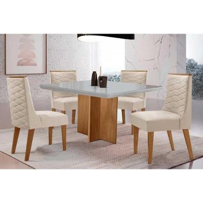 Sala de Jantar Berlim Curvo 4 Lugares Tampo em Vidro Suede Creme 90CM Móveis Rufato