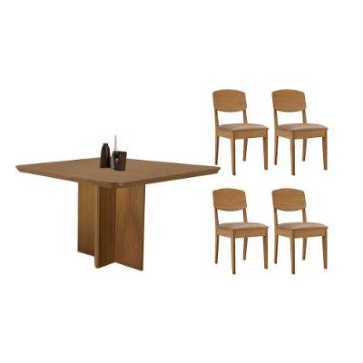 Sala de Jantar Berlim Curvo + Havana 4 Lugares Tampo MDF Cadeiras Estofadas Linho Capuccino 90CM