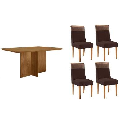 Sala de Jantar Berlim Curvo 4 Lugares Tampo em MDF com Bordas Arredondadas Marrom 120CM Móveis