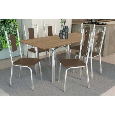 Sala de Jantar Elba 6 Lugares Tampo em MDF Cadeiras Cromadas e Courino Marrom 160CM Kappesberg