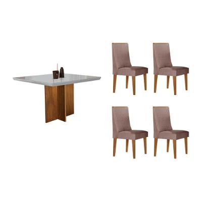 Sala de Jantar Berlim Curvo 4 Lugares Tampo em Vidro Cadeiras Estofadas Linho Capuccino 90CM Móveis