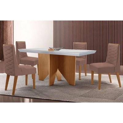 Sala de Jantar Mesa Nevada Curvo 4 Lugares Tampo MDF Cadeiras Suede Capuccino 120CM Móveis Rufato