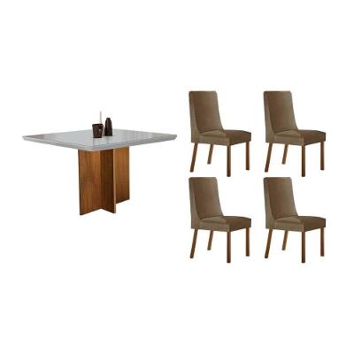 Sala de Jantar Berlim Curvo 4 Lugares Tampo em Vidro Suede Capuccino e Off White 90CM Móveis Rufato