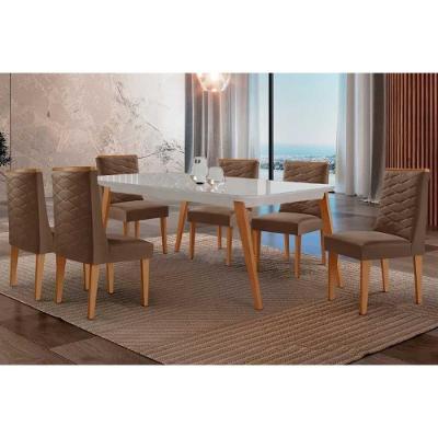 Sala de Jantar Havana Curvo 6 Lugares Tampo MDF Cadeiras Estofadas Suede Marrom e Off White 180CM
