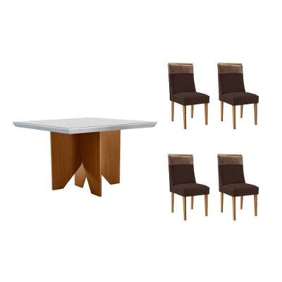 Sala de Jantar Mesa Nevada Curvo 4 Lugares Tampo MDF com Cadeiras Estofadas Amadeirado 90CM Móveis