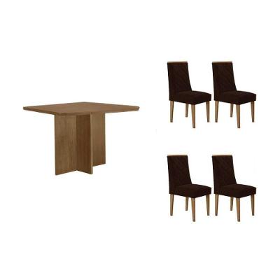 Conjunto Jantar Berlim Curvo + Pietá 4 Lugares Tampo MDF Cadeiras Suede Marrom 90CM Móveis Rufato