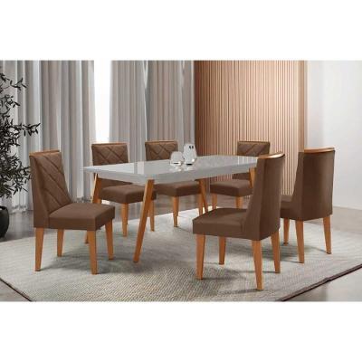 Conjunto Jantar Havana Curvo 6 Lugares Tampo MDF com Cadeiras Estofadas Off White e Marrom 180CM