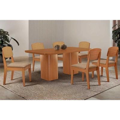 Sala de Jantar Maldivas Curvo 6 Lugares Tampo MDF com Cadeiras Estofadas Linho Bege 180CM Móveis