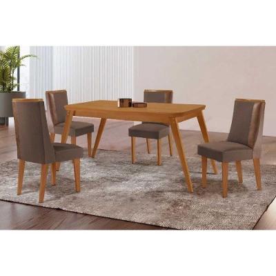 Conjunto Jantar Havana 4 Lugares Tampo MDF Cadeiras Suede Café 120CM Móveis Rufato