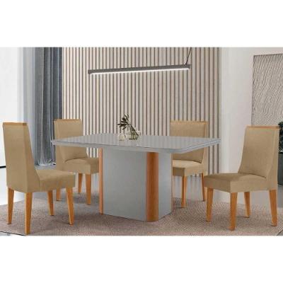 Conjunto Jantar Pietá Curvo 4 Lugares Tampo MDF Bordas Arredondadas Bege 120CM Móveis Rufato