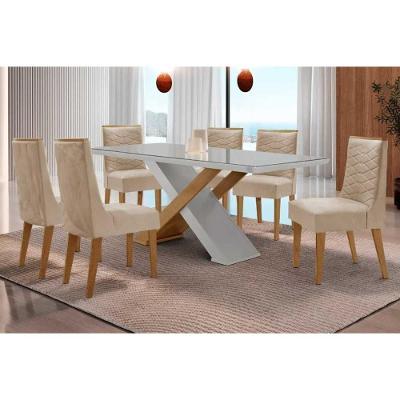 Conjunto Imperatriz Curvo 6 Lugares Tampo MDF Cadeiras Suede Off White 180CM Móveis Rufato
