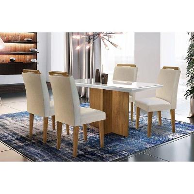 Conjunto Jantar Berlim 4 Lugares Tampo MDF com Vidro Canto Curvo Creme 120CM Móveis Rufato
