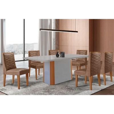 Conjunto Jantar Pietá Curvo 6 Lugares Tampo MDF Cadeiras Estofadas Off White 180CM Rufato