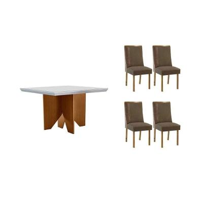 Sala de Jantar Mesa Nevada Curvo 4 Lugares Tampo em MDF Amadeirado 90CM Móveis Rufato