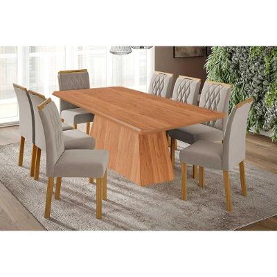 Conjunto Jantar Helena 8 Lugares Tampo MDF Cadeiras Estofadas Linho Cinamomo 210CM Cimol Móveis